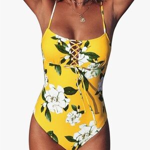 Cupshe Yellow Floral Lace-Up One Piece Swimsuit